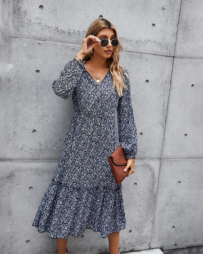 Floral V-neck Ruffles Elastic Waist Midi Dresses