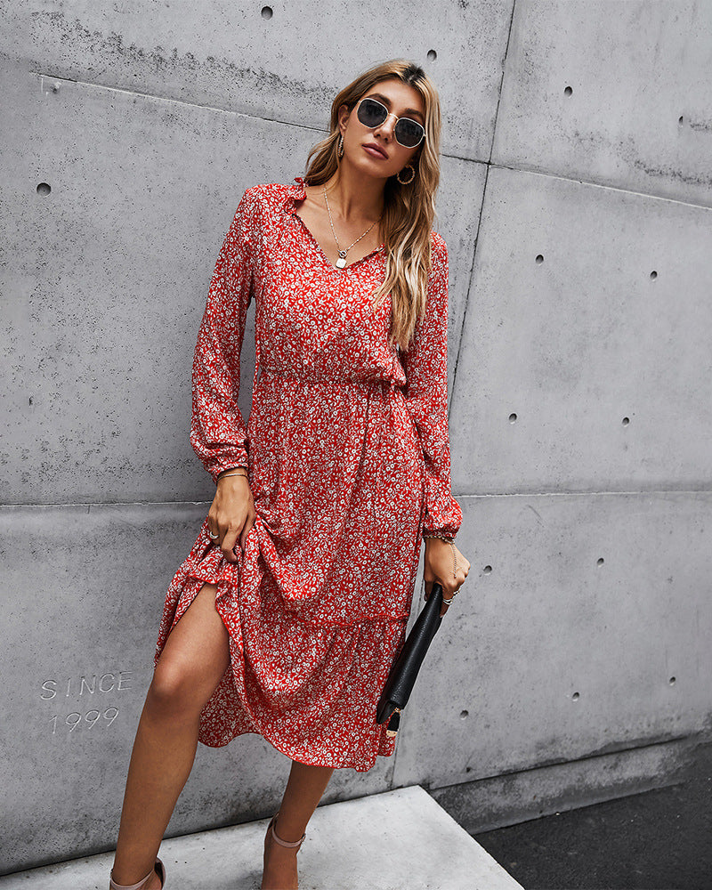 Floral V-neck Ruffles Elastic Waist Midi Dresses