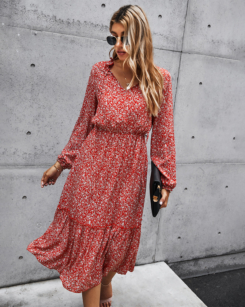 Floral V-neck Ruffles Elastic Waist Midi Dresses