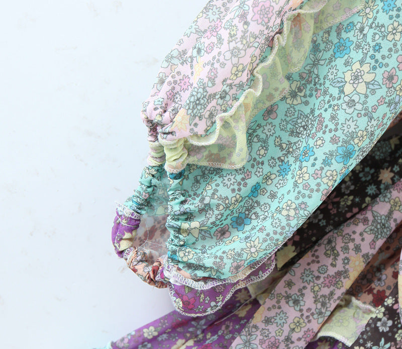 Floral Printed Splicing Ruffled Flounces Mini Dress