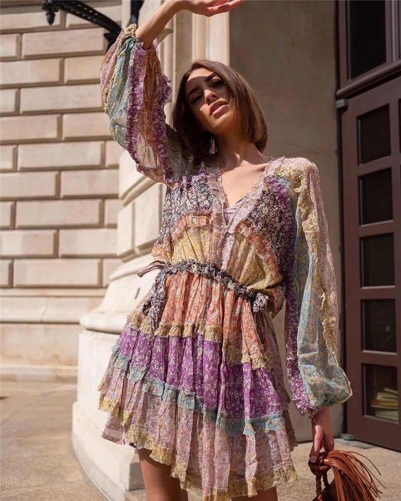 Floral Printed Splicing Ruffled Flounces Mini Dress