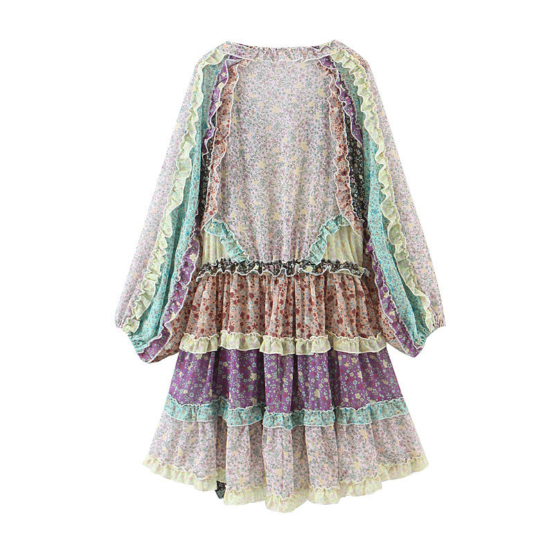 Floral Printed Splicing Ruffled Flounces Mini Dress