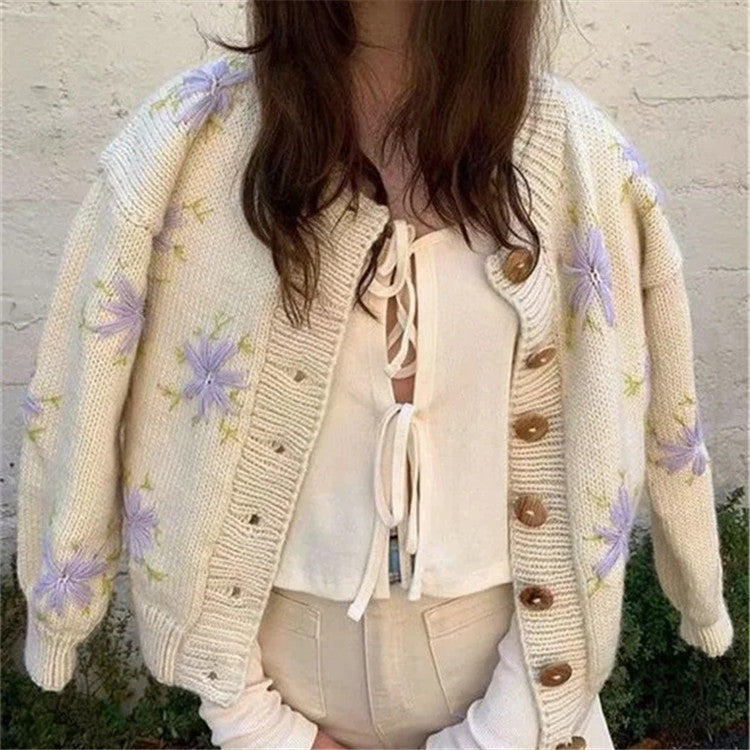 Embroidery Knit Lantern Sleeve Vintage Single-breasted Sweaters