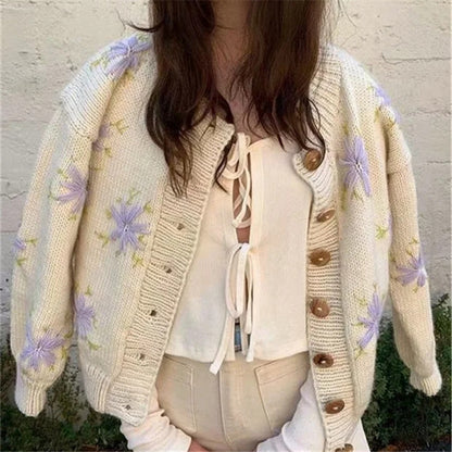 Embroidery Knit Lantern Sleeve Vintage Single-breasted Sweaters