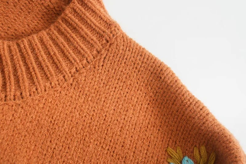 Embroidery Knit Lantern Sleeve Vintage Single-breasted Sweaters