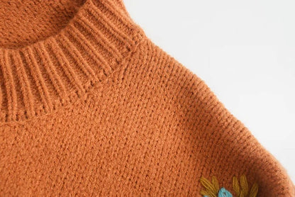 Embroidery Knit Lantern Sleeve Vintage Single-breasted Sweaters