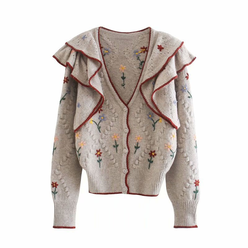 Ruffled Floral Knit V-neck Single-breasted Sweaters Cardigans