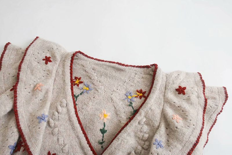 Ruffled Floral Knit V-neck Single-breasted Sweaters Cardigans