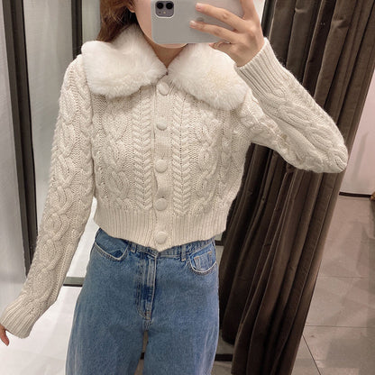 Thick Fur Pile Fleece Collar Knit Splicing Single-breasted Outerwear
