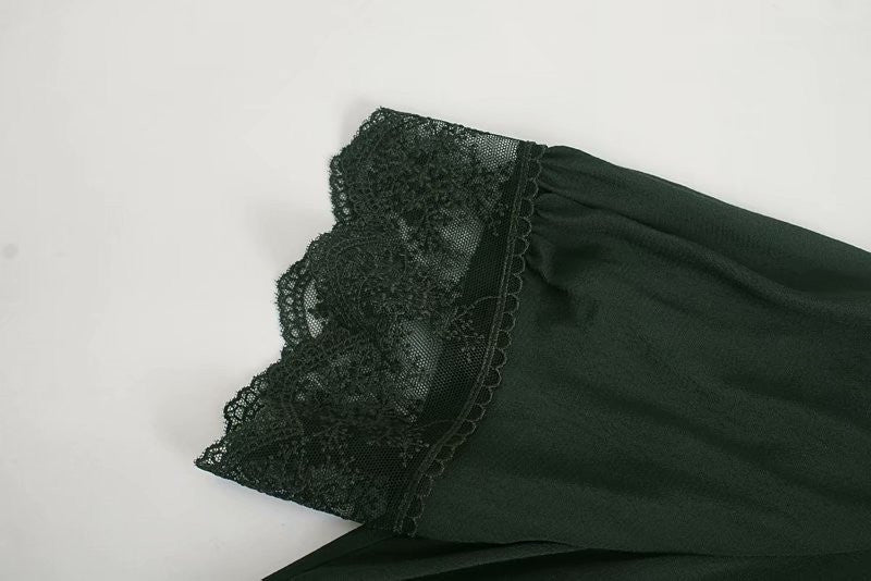 V-neck Vintage Lace Puff Sleeve Single-breasted Midi Dresses