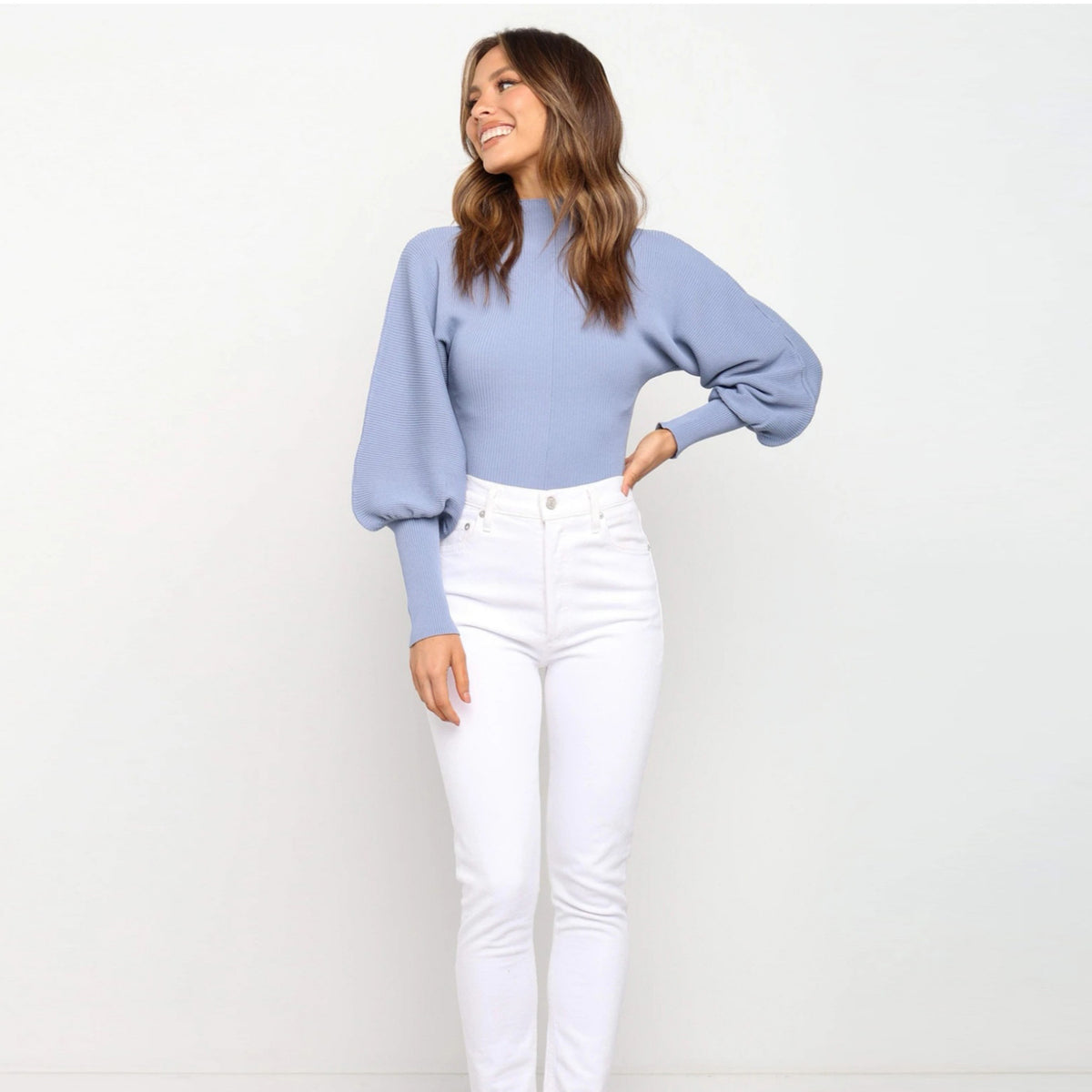 High Collar Knit Lantern Sleeve Sweaters