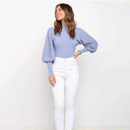 High Collar Knit Lantern Sleeve Sweaters