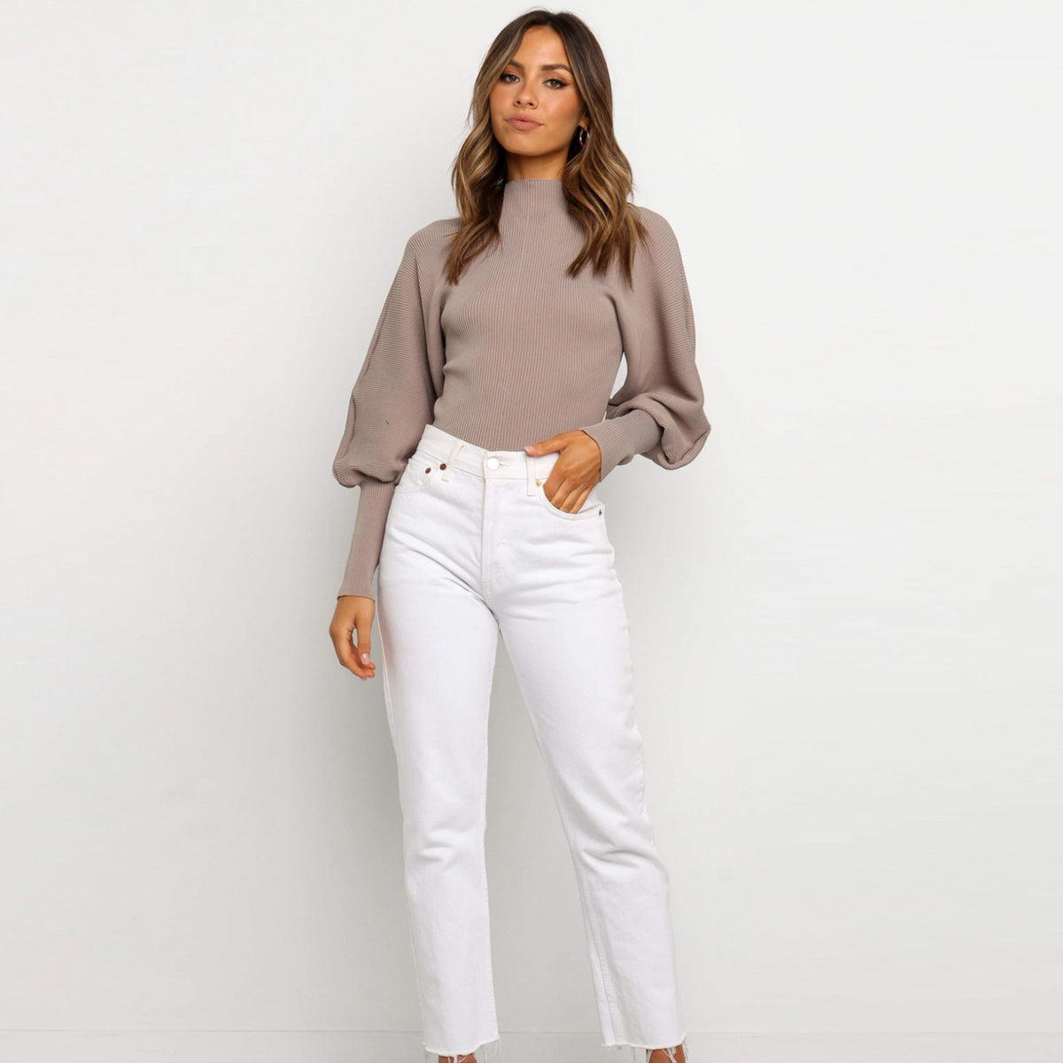High Collar Knit Lantern Sleeve Sweaters