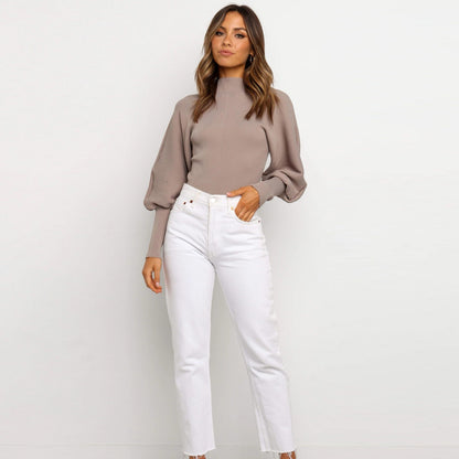 High Collar Knit Lantern Sleeve Sweaters