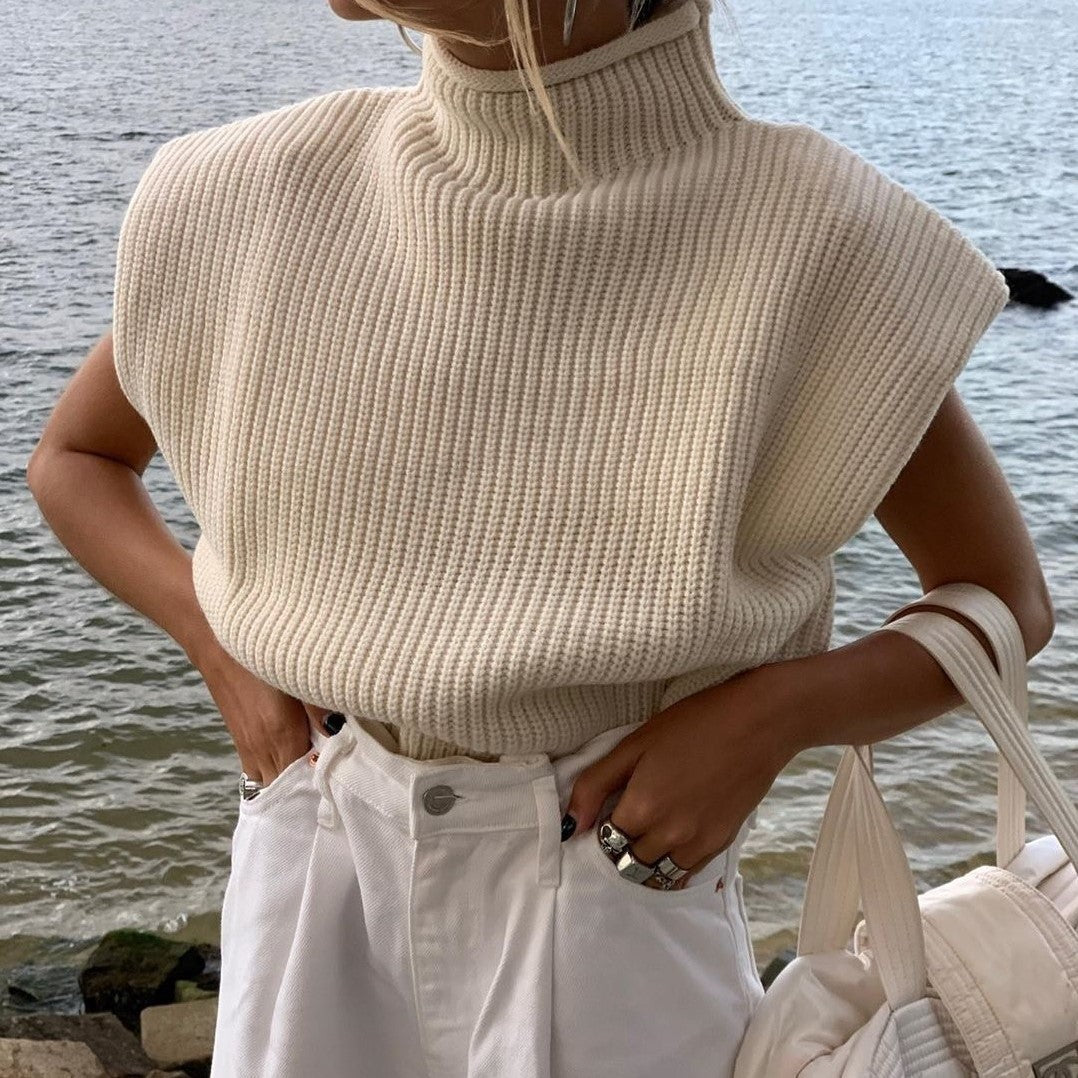 High-collared Shoulder Padded Pads Sleeveless Sweater