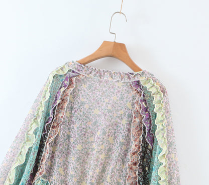 Floral Printed Splicing Ruffled Flounces Mini Dress
