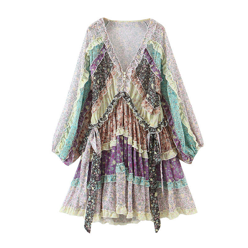 Floral Printed Splicing Ruffled Flounces Mini Dress