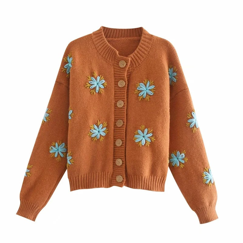 Embroidery Knit Lantern Sleeve Vintage Single-breasted Sweaters