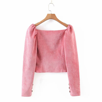 Corduroy Square Collar Puff Bubble Sleeve Shirt Crop Tops