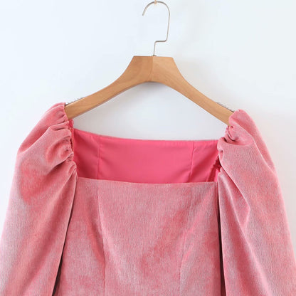 Corduroy Square Collar Puff Bubble Sleeve Shirt Crop Tops