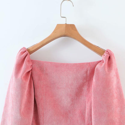 Corduroy Square Collar Puff Bubble Sleeve Shirt Crop Tops