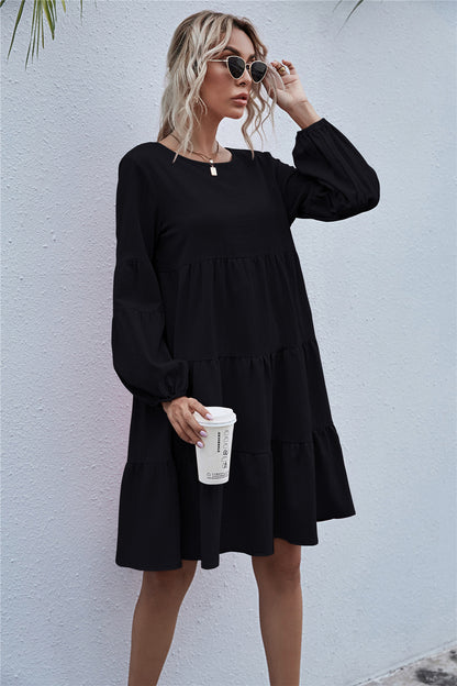 Round Neck Lantern Elastic Bubble Sleeve Mini Dresses