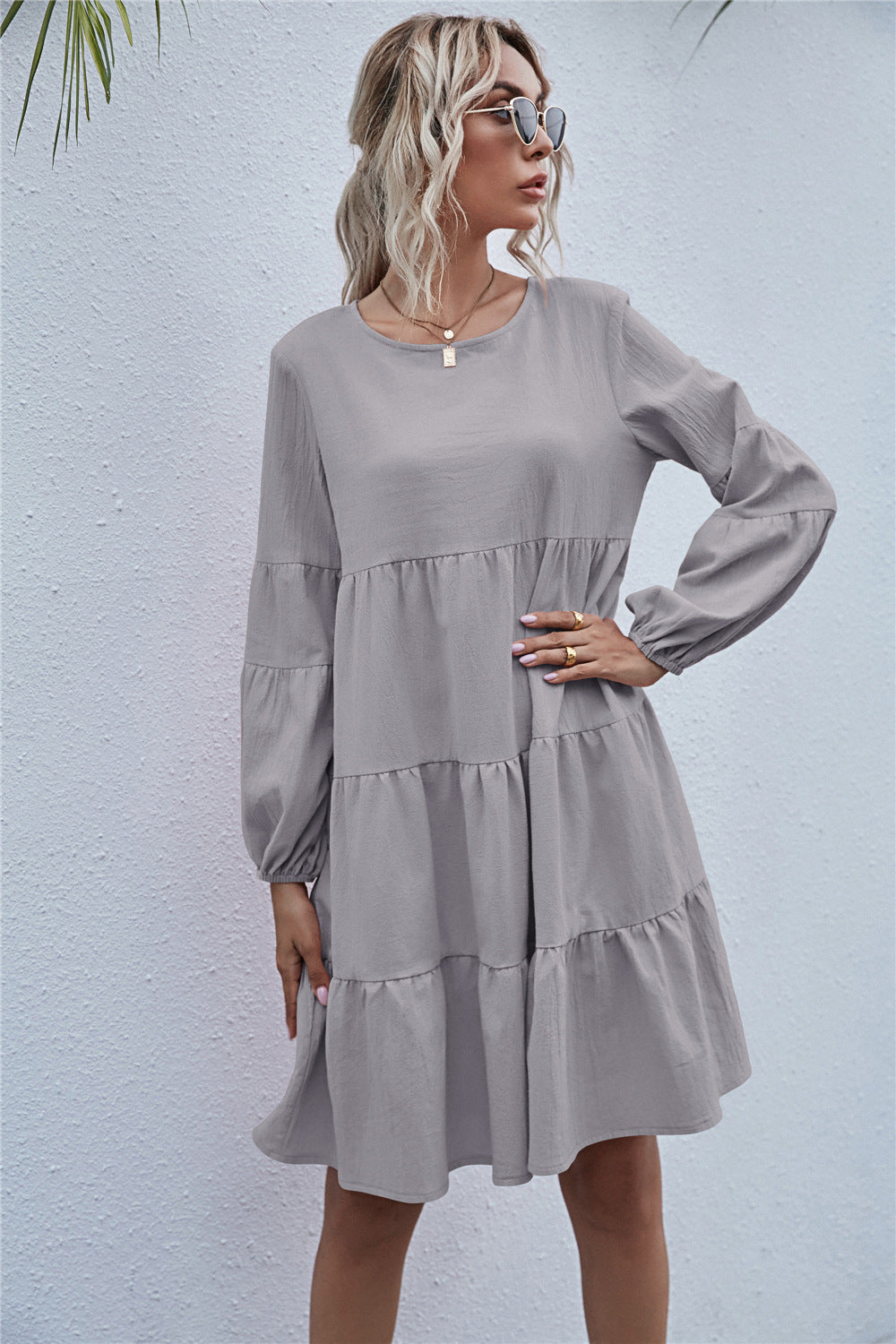 Round Neck Lantern Elastic Bubble Sleeve Mini Dresses