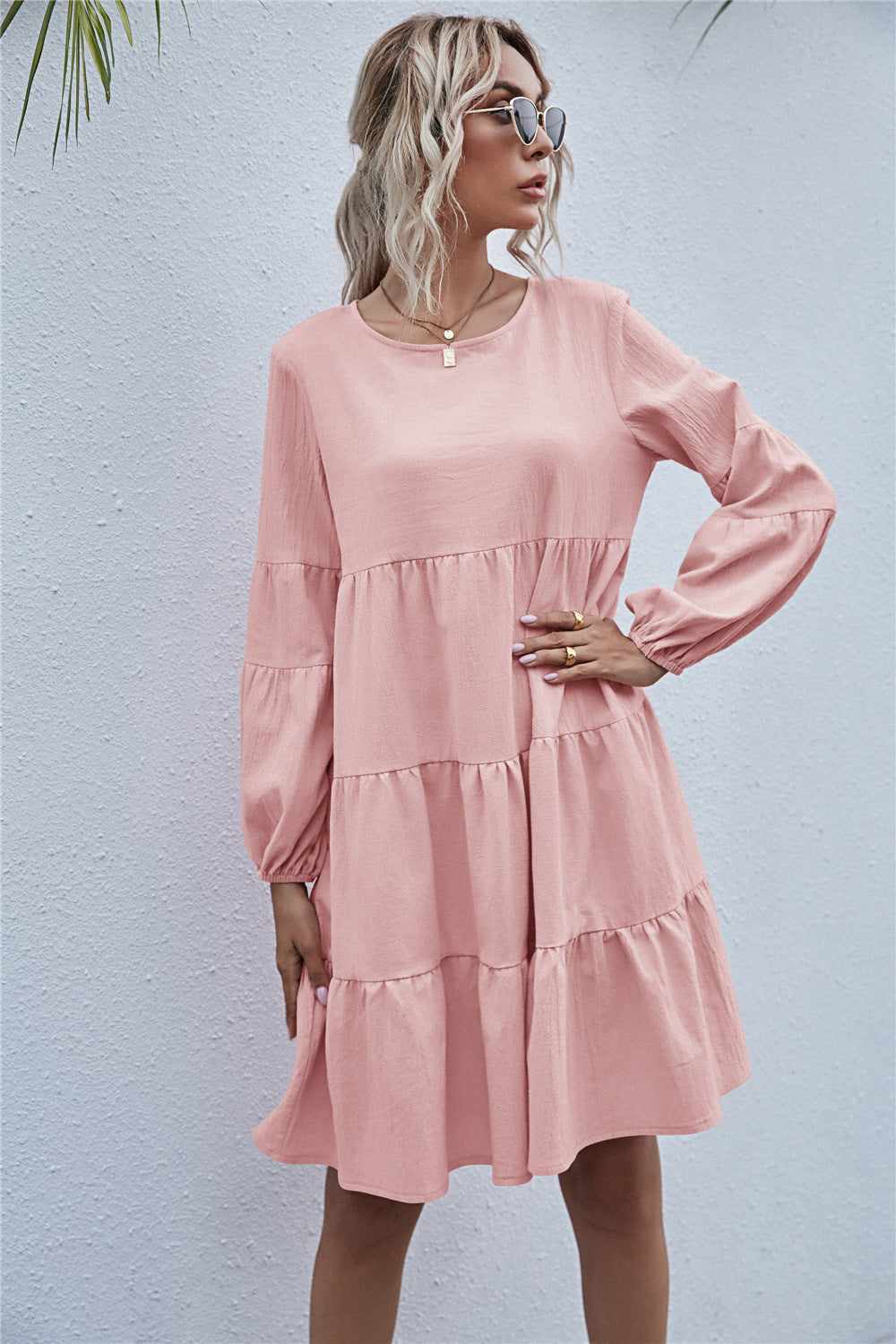 Round Neck Lantern Elastic Bubble Sleeve Mini Dresses