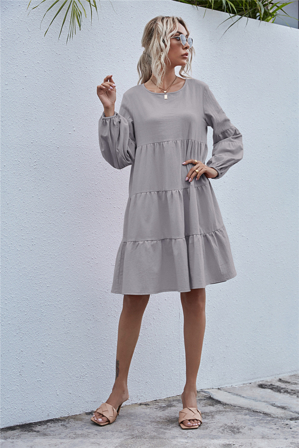 Round Neck Lantern Elastic Bubble Sleeve Mini Dresses