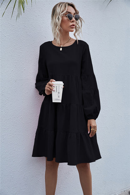 Round Neck Lantern Elastic Bubble Sleeve Mini Dresses