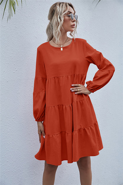 Round Neck Lantern Elastic Bubble Sleeve Mini Dresses