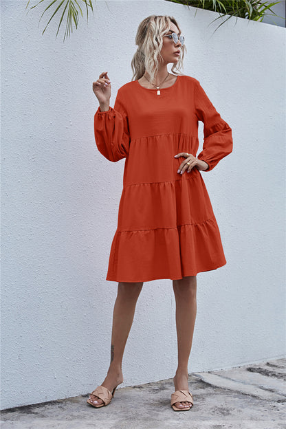 Round Neck Lantern Elastic Bubble Sleeve Mini Dresses