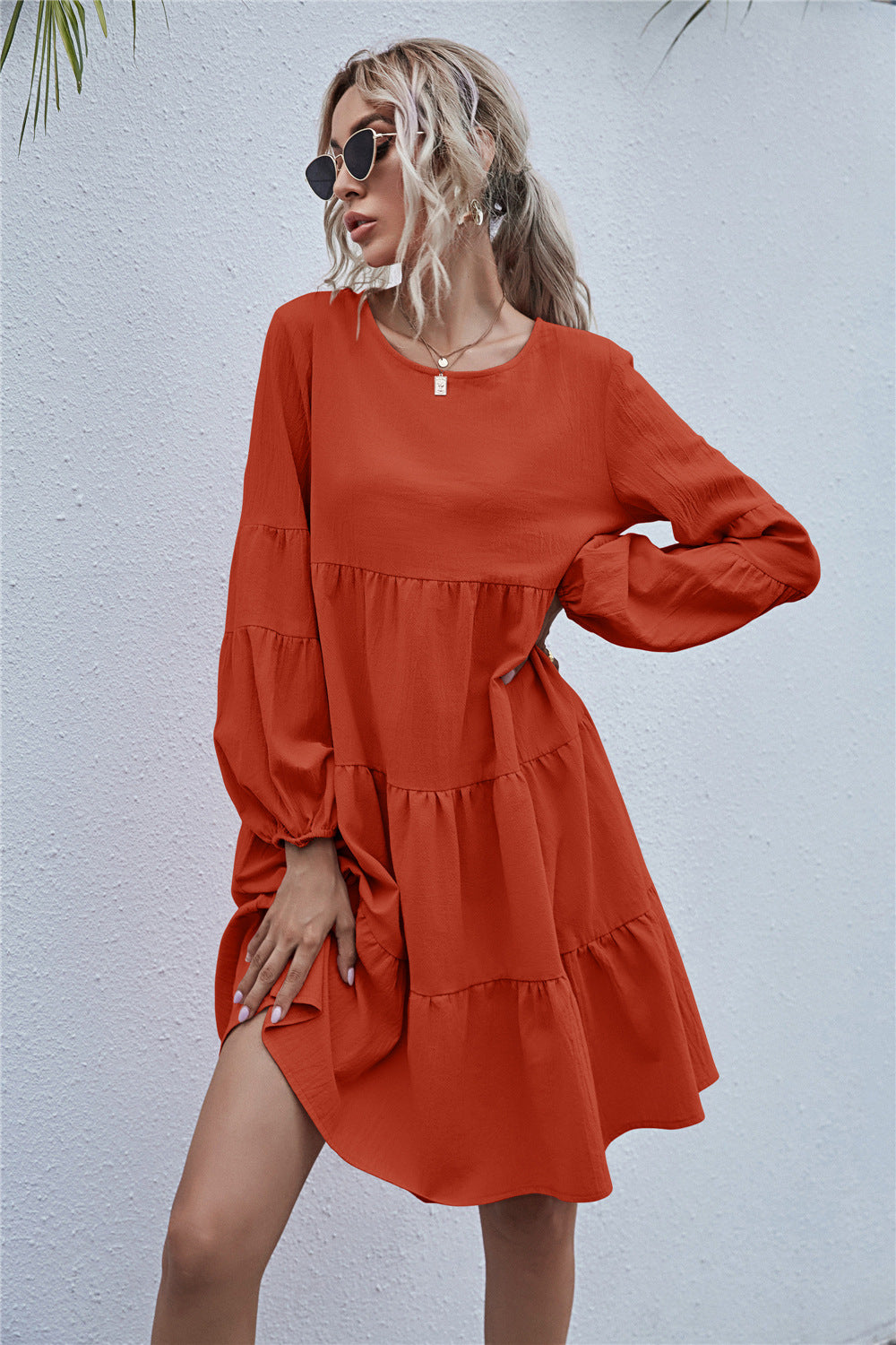 Round Neck Lantern Elastic Bubble Sleeve Mini Dresses