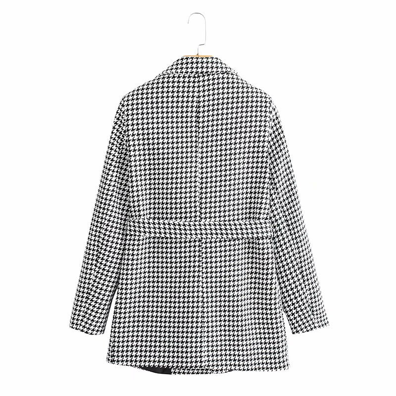 Houndstooth Button Lapel Belt Blazers Splicing Outerwear