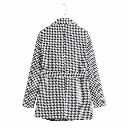 Houndstooth Button Lapel Belt Blazers Splicing Outerwear