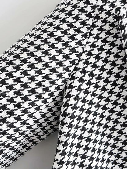 Houndstooth Button Lapel Belt Blazers Splicing Outerwear