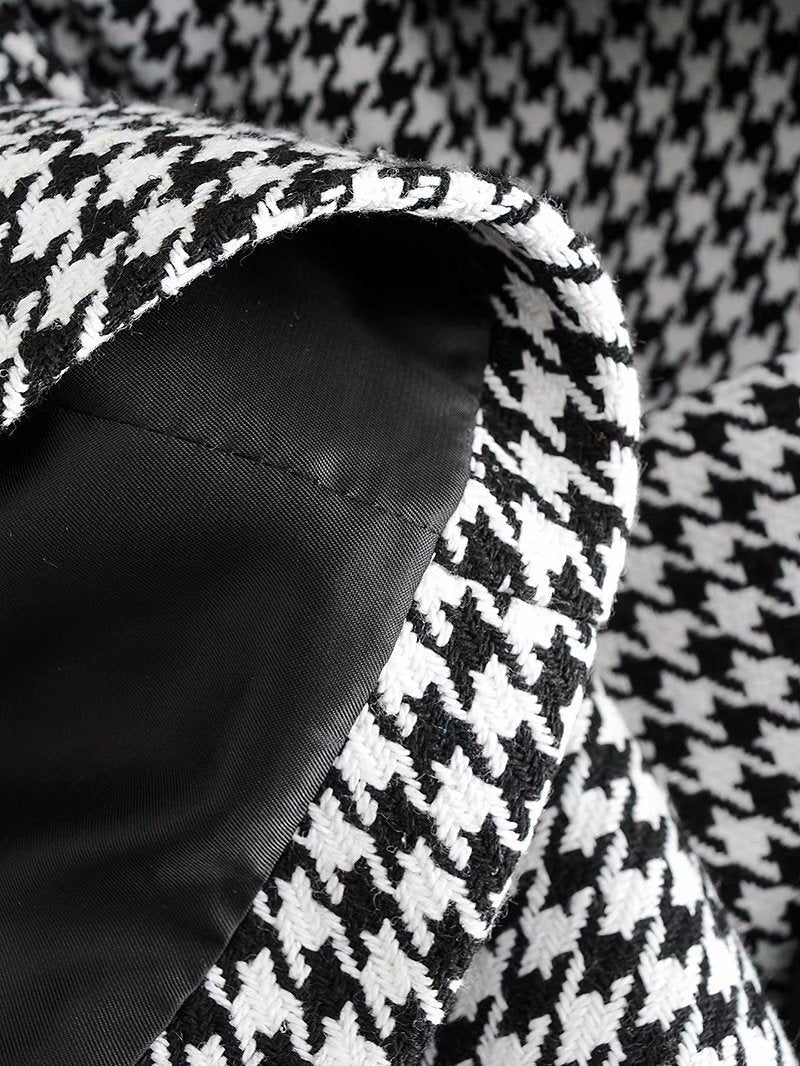 Houndstooth Button Lapel Belt Blazers Splicing Outerwear