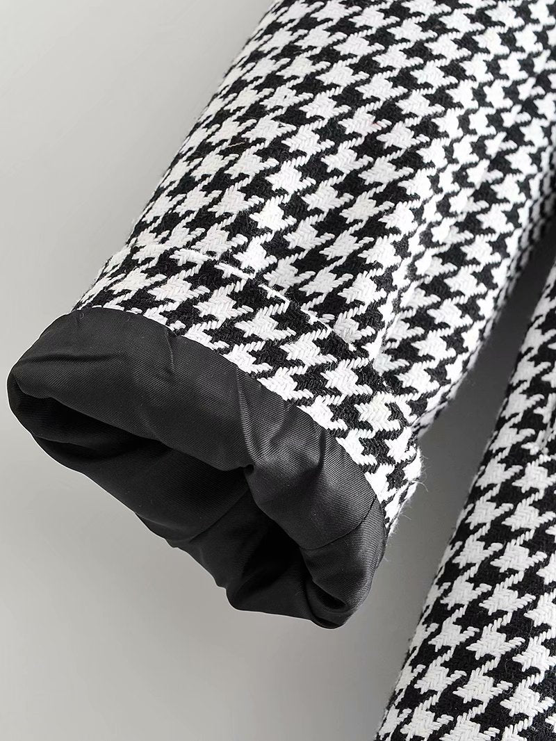 Houndstooth Button Lapel Belt Blazers Splicing Outerwear