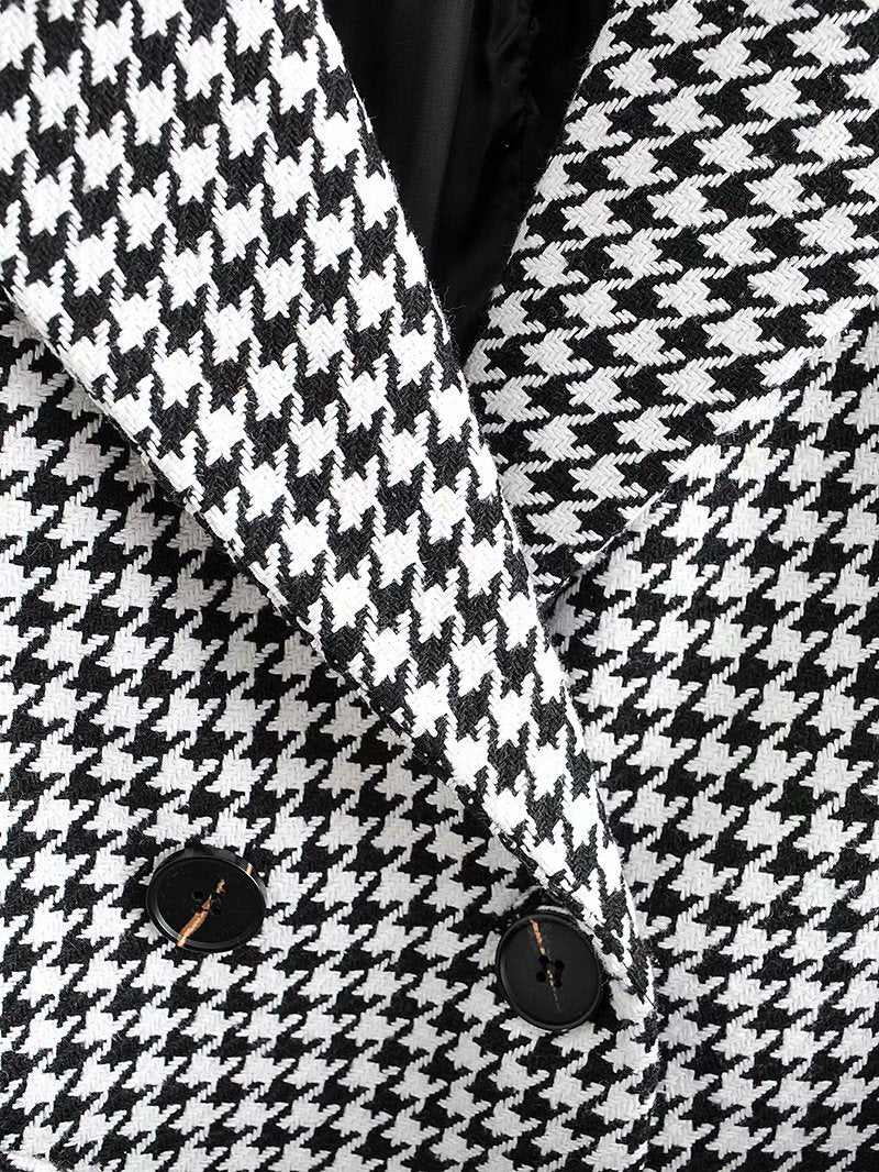 Houndstooth Button Lapel Belt Blazers Splicing Outerwear
