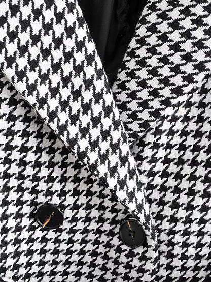 Houndstooth Button Lapel Belt Blazers Splicing Outerwear