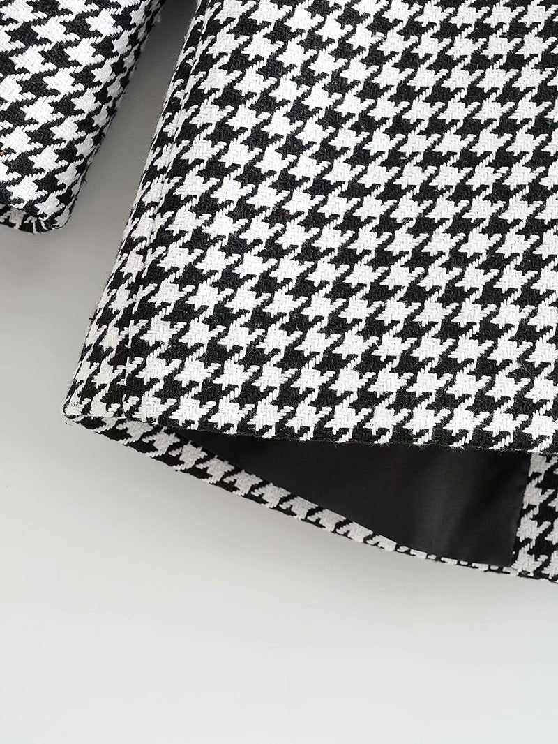 Houndstooth Button Lapel Belt Blazers Splicing Outerwear