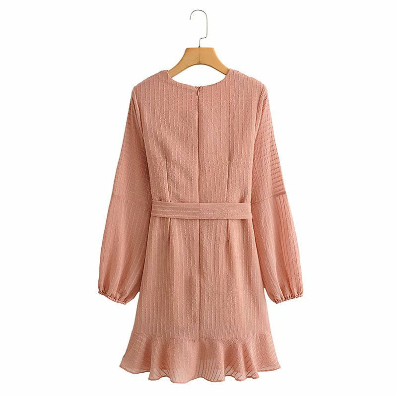 V-neck Lace-up Ruffled Lantern Sleeve Mini Dresses