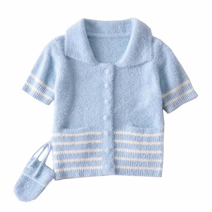Pile Collar Knit Single-breasted Pocket Mohair Sweater Cardigan
