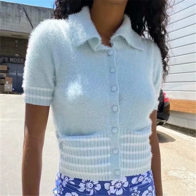 Pile Collar Knit Single-breasted Pocket Mohair Sweater Cardigan
