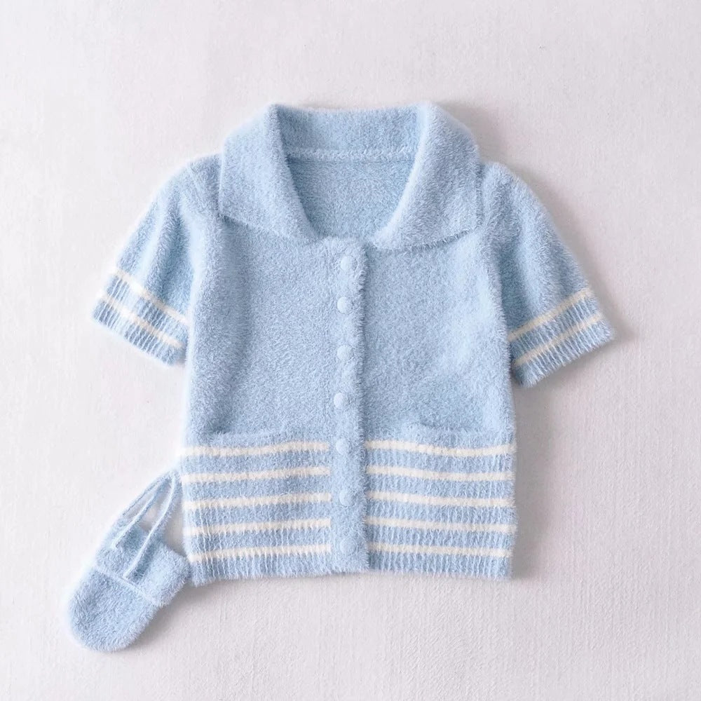Pile Collar Knit Single-breasted Pocket Mohair Sweater Cardigan