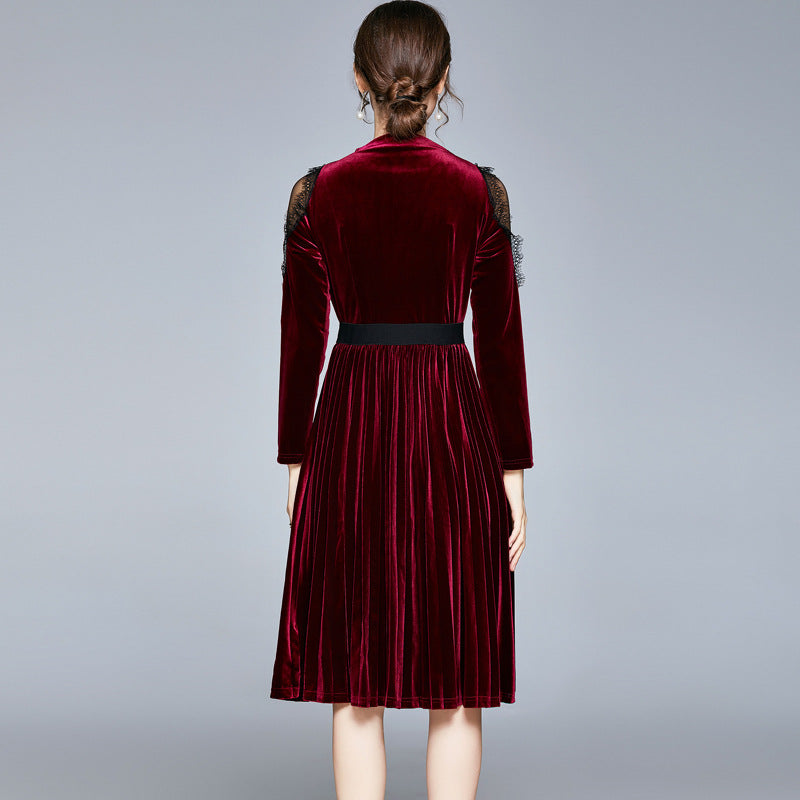 Red Velvet Lace Sleeve Pleated Skirt Midi Dresses
