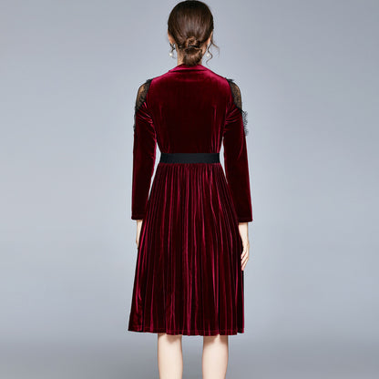 Red Velvet Lace Sleeve Pleated Skirt Midi Dresses