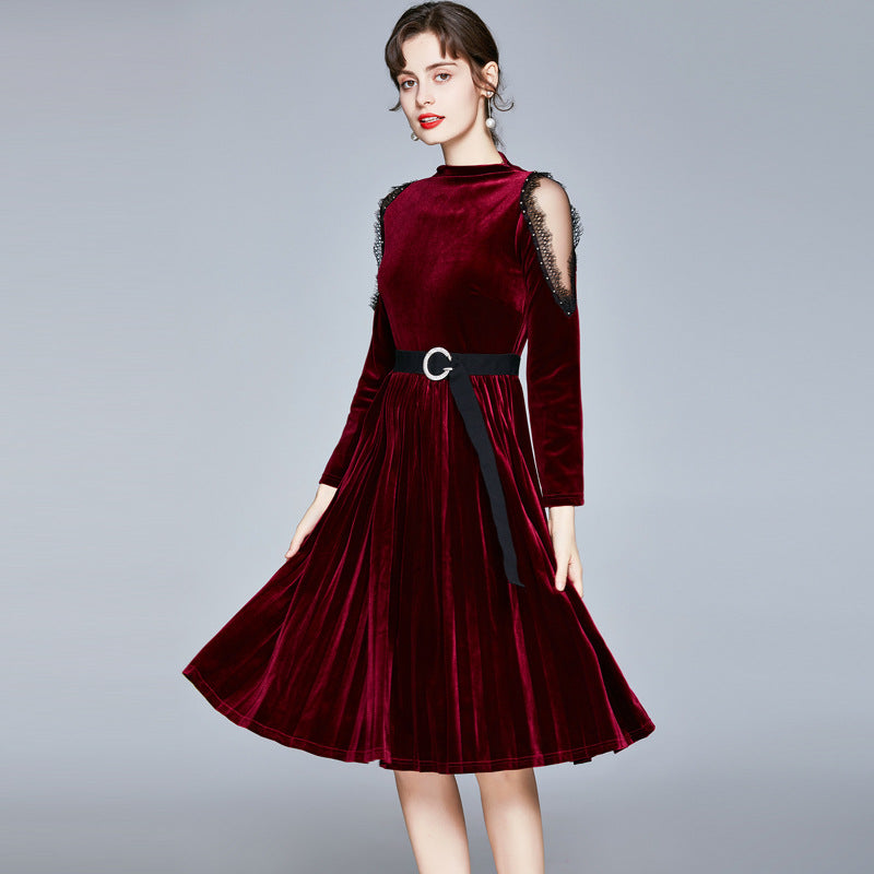 Red Velvet Lace Sleeve Pleated Skirt Midi Dresses