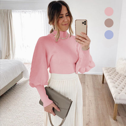High Collar Knit Lantern Sleeve Sweaters