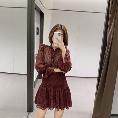 Lace-up Splicing Button Animal Pattern Floral Printed Mini Dress